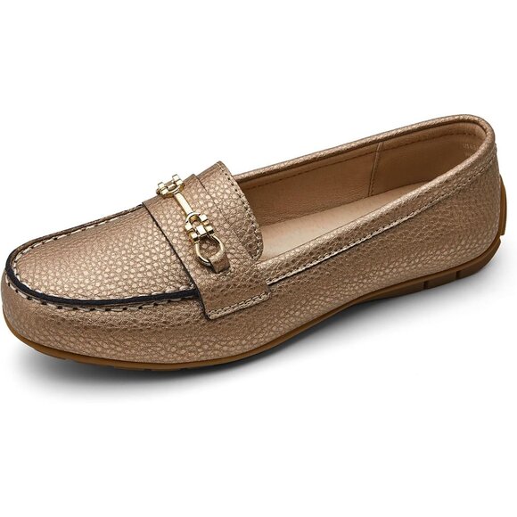 Kordal Women's Rose Gold Leather Gold Accent Buckle Slip-Ons Walking Loafers - Picture 2 of 9
